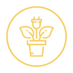 Bioenergy symbol depicting a pot plant with a plant leaves and a power plug growing from the middle.