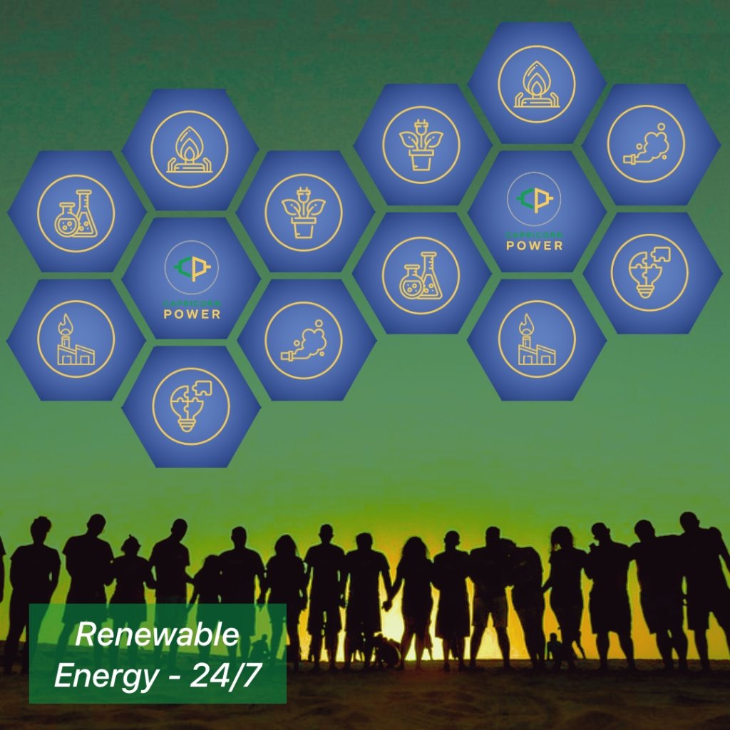 Power to the People ~ Capricorn Power. Image of the sun rising with people together under the honeycomb hexagon shape with icons representing some of the types of resources they use to generate renewable energy - 24/7.