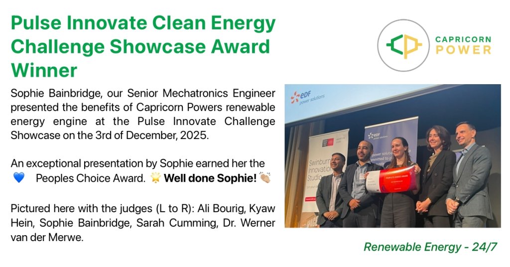 This image announces the Pulse Innovate Clean Energy Challenge Showcase Award Winner where an exceptional presentation by Sophie Bainbridge earned her the Peoples Choice Award. The image holds a picture of Sophie alongside the four judges who presented the award for Peoples Choice to Sophie for an exceptional presentation at the Pulse Innovate Clean Energy Challenge Showcase. The award was one of four given out at the Showcase on the evening of the 3rd of December, 2025. The judges represented the supporting partners of the Pulse Innovate Challenge: EDF Power Solutions Australia, Swinburne University of Technology (Innovation Studio), FACET – Franco-Australian Indo-Pacific Centre for Energy Transition.