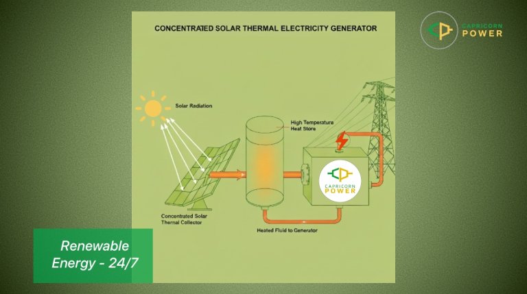 Concentrated solar thermal electricity generator diagram collecting solar radiation and sending to the heat store where it is changed to fluid and sent to the Barton Heat Engine for power supply.