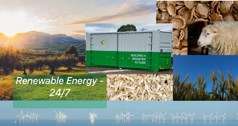 The Barton Heat Engine pictured surrounded by raw resources - almond shells, sawdust, sheep (wool), olive farm, wheat farm, wind turbines. Article Farmers on the Front Line