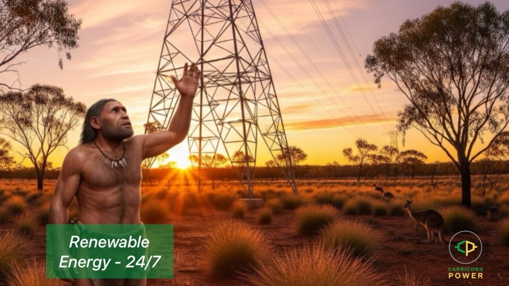 Primitive ancient man holding his arm up to the electrical transmission tower in outback Australia.