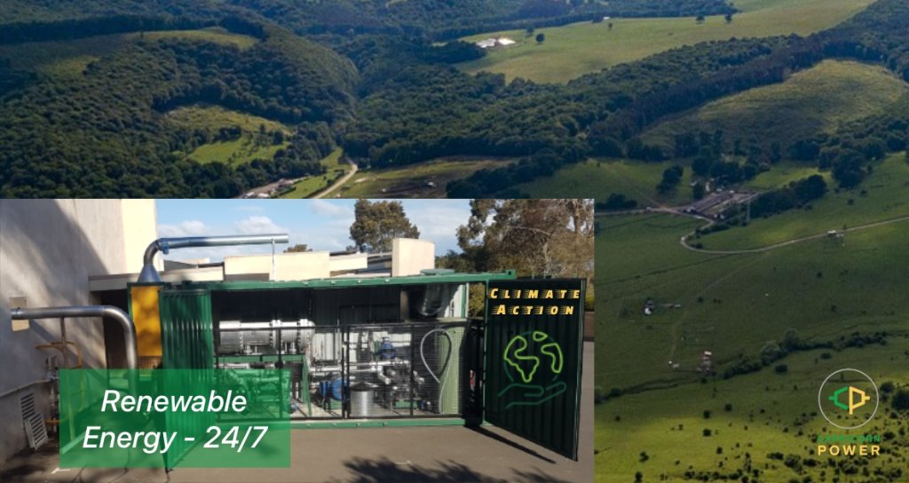 Rolling green pastures with dams and farm houses without electricity transmission lines. Insert image of the barton heat engine on-site connected to an industrial plant using the output (gases) to generate energy to be used by the customer. Climate Action symbol of a hand holding the world and Renewable Energy 24/7 slogan.